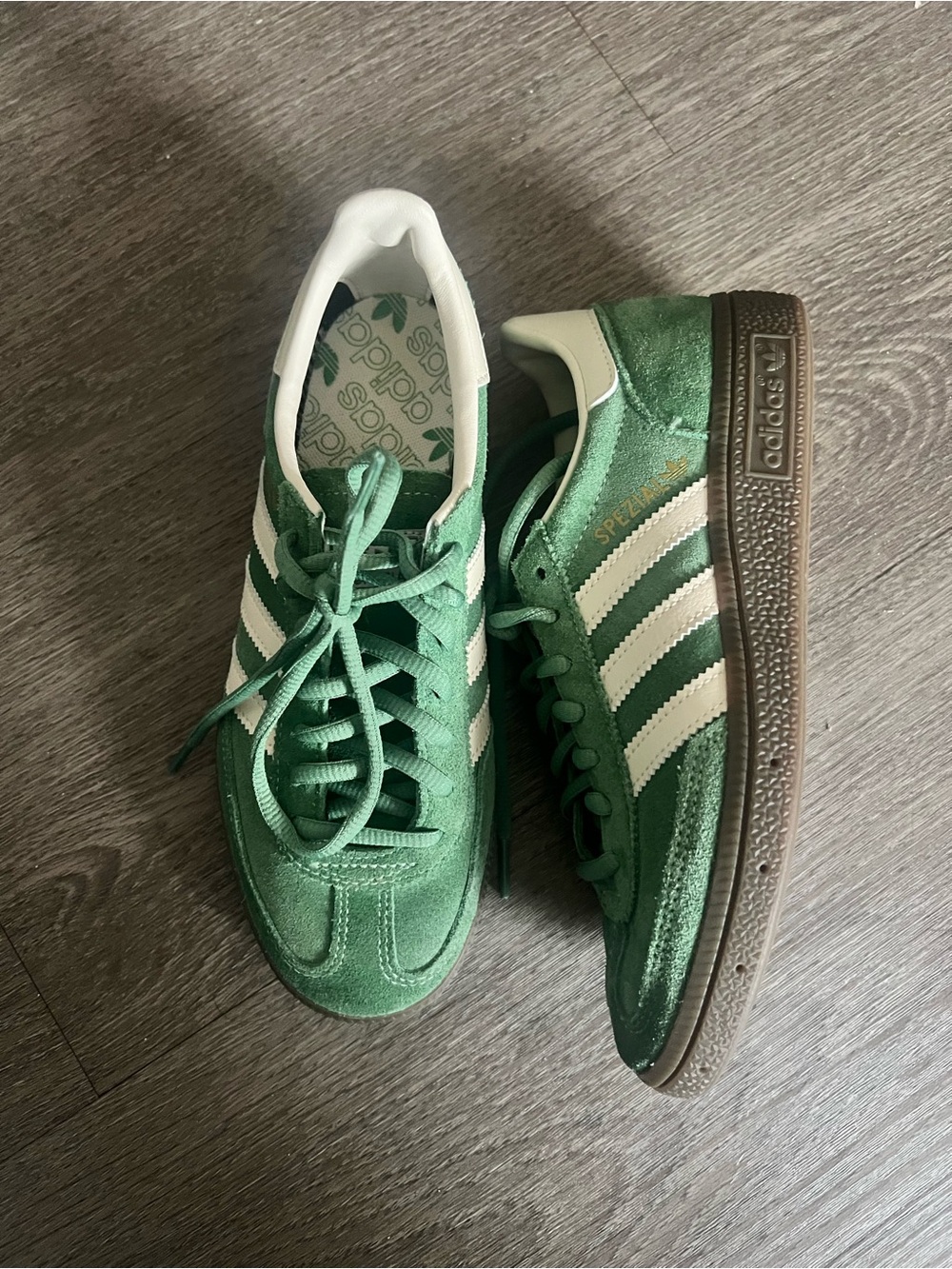 adidas Green Suede Sneakers with White Stripes and Brown Sole